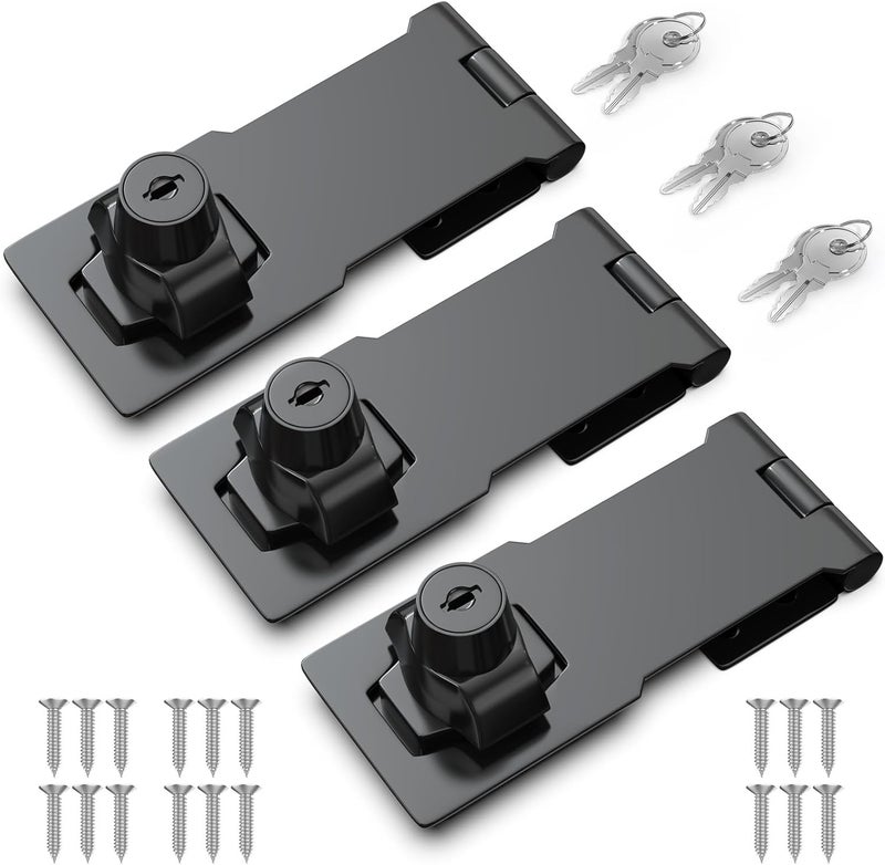 I-EASYDWW 4 Inch Keyed Hasp Lock for Cabinets & Small Doors, Twist Knob Design, Heavy Duty Zinc Alloy with Chrome-Plated Iron, Includes Keys & Screws - Black, 3 Pack - Image 1